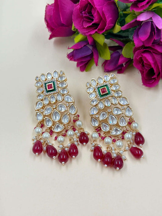 Vamika Pretty Polki Kundan Dangler Earrings with red beads hangings | Party Wear Earrings