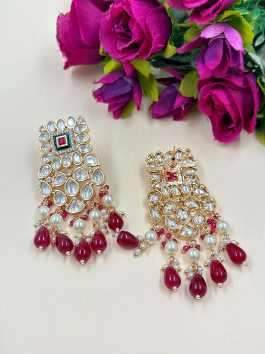 Vamika Pretty Polki Kundan Dangler Earrings with red beads hangings | Party Wear Earrings