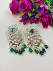 Vamika Pretty Polki Kundan Dangler Earrings with green beads hangings | Party Wear Earrings