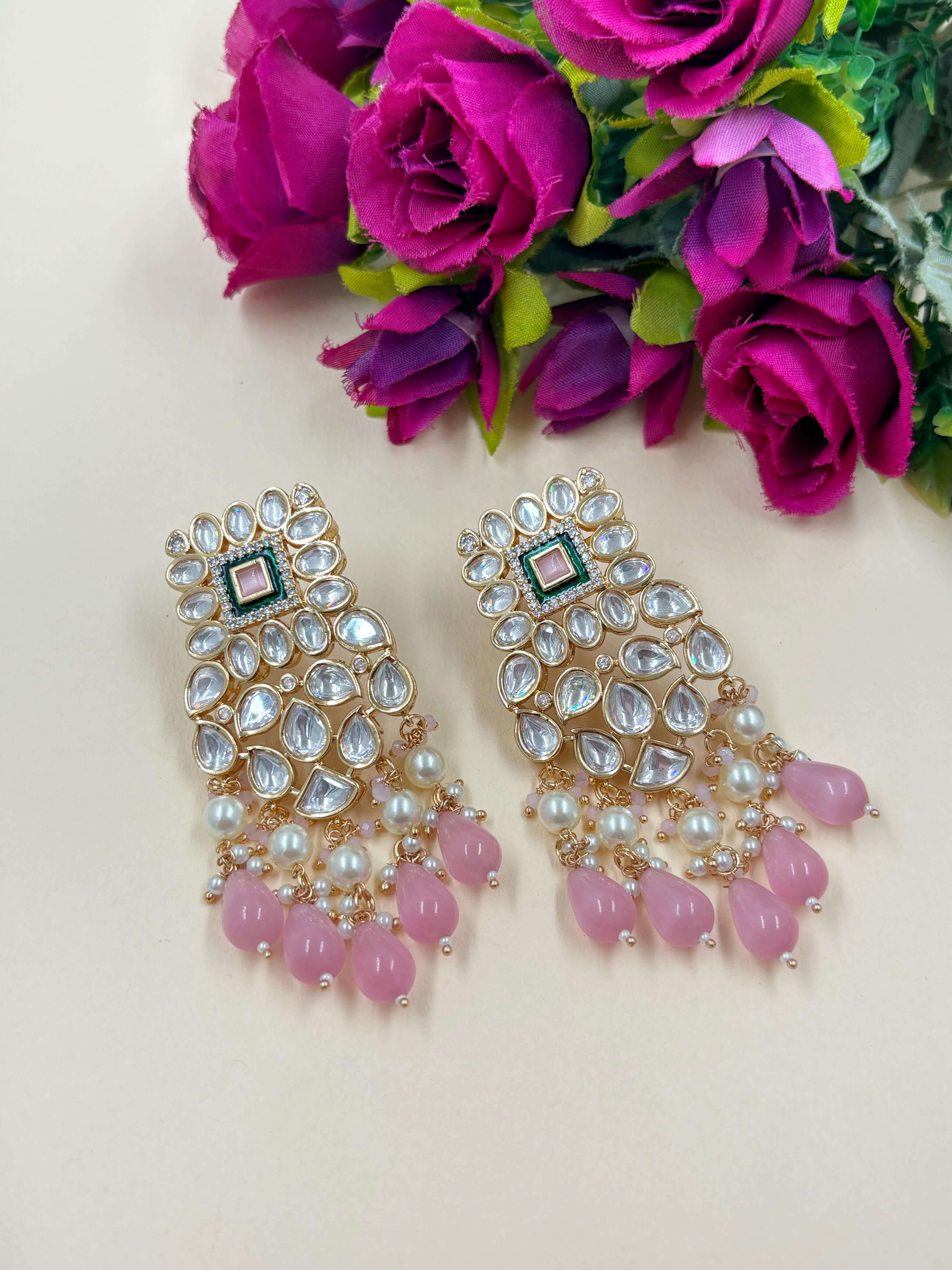 Vamika Pretty Polki Kundan Dangler Earrings with Baby Pink  beads hangings | Party Wear Earrings