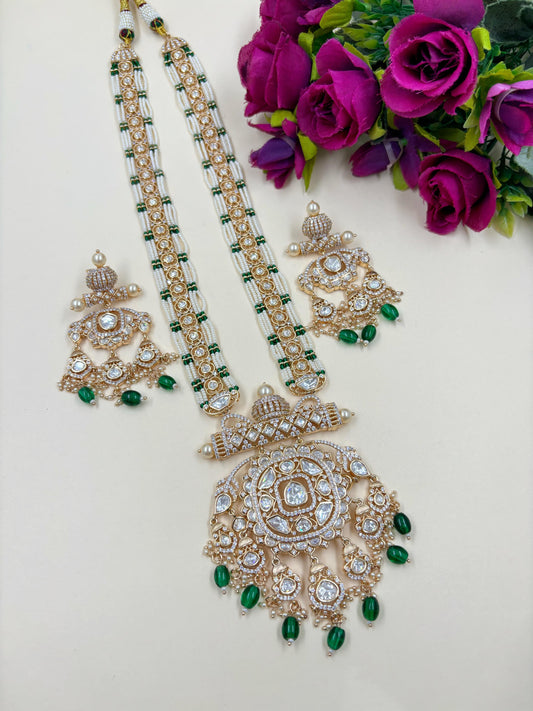 Maharani Long AD And Polki Kundan Necklace Set | Designer Green Polki Jewellery