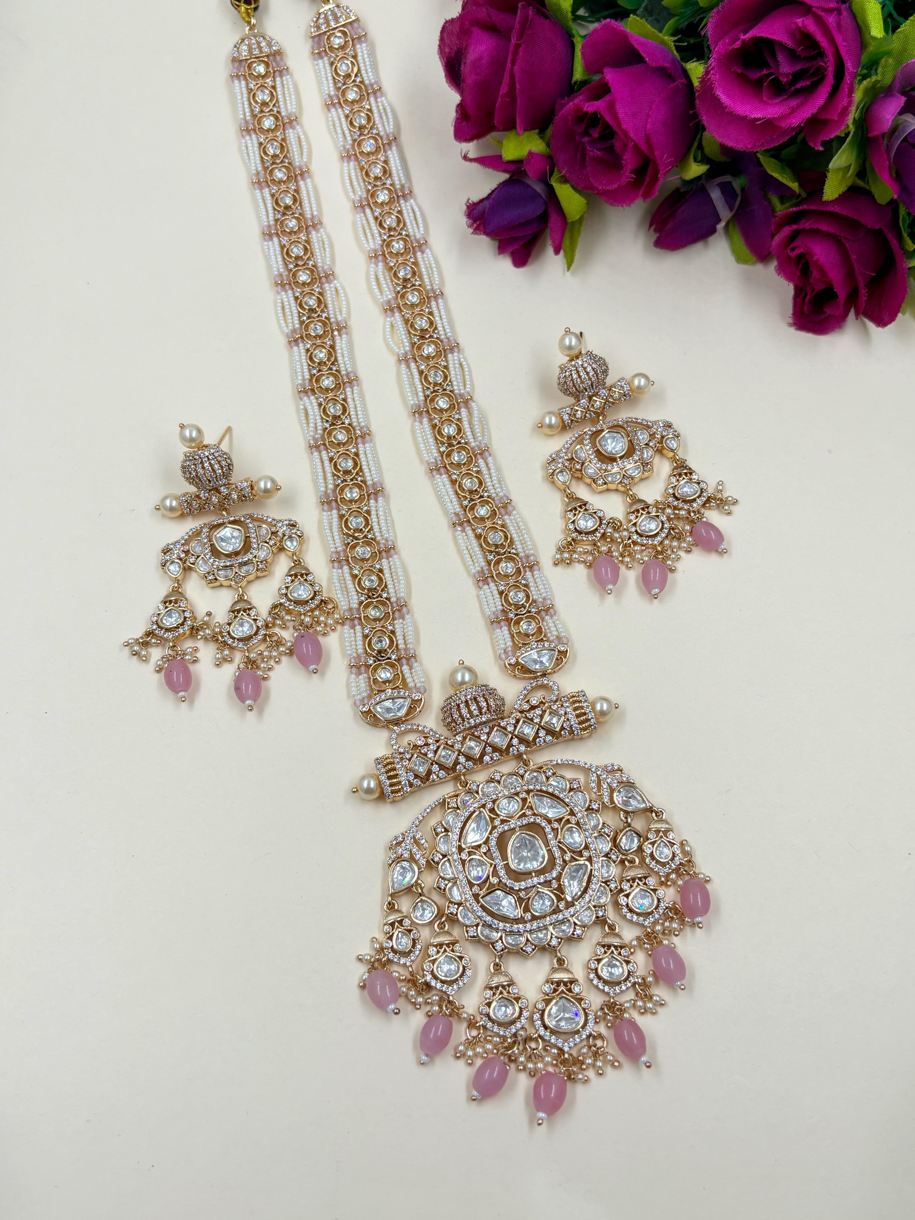 Maharani Long AD And Polki Kundan Necklace Set | Designer Pink Polki Jewellery