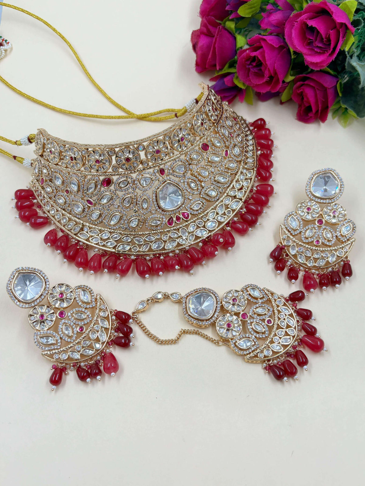 Padmavati Heavy red Polki Kundan Bridal Choker Necklace Set With Tikka