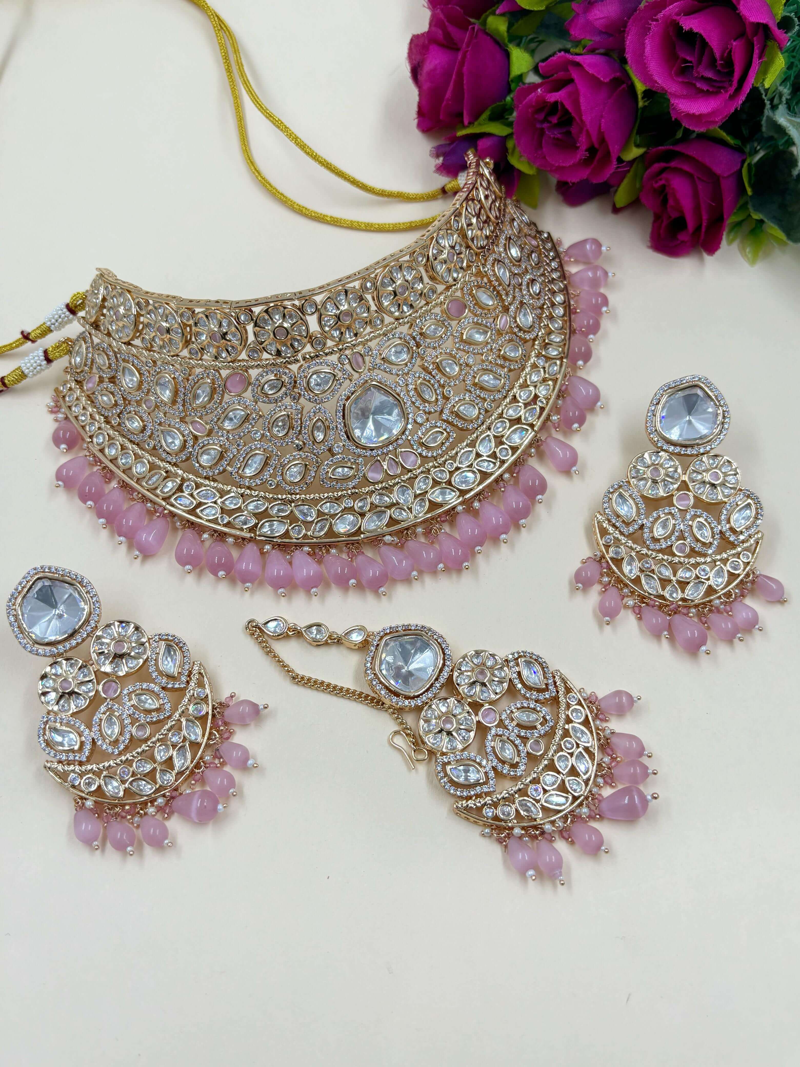 Padmavati Heavy Baby Pink Polki Kundan Bridal Choker Necklace Set With Tikka