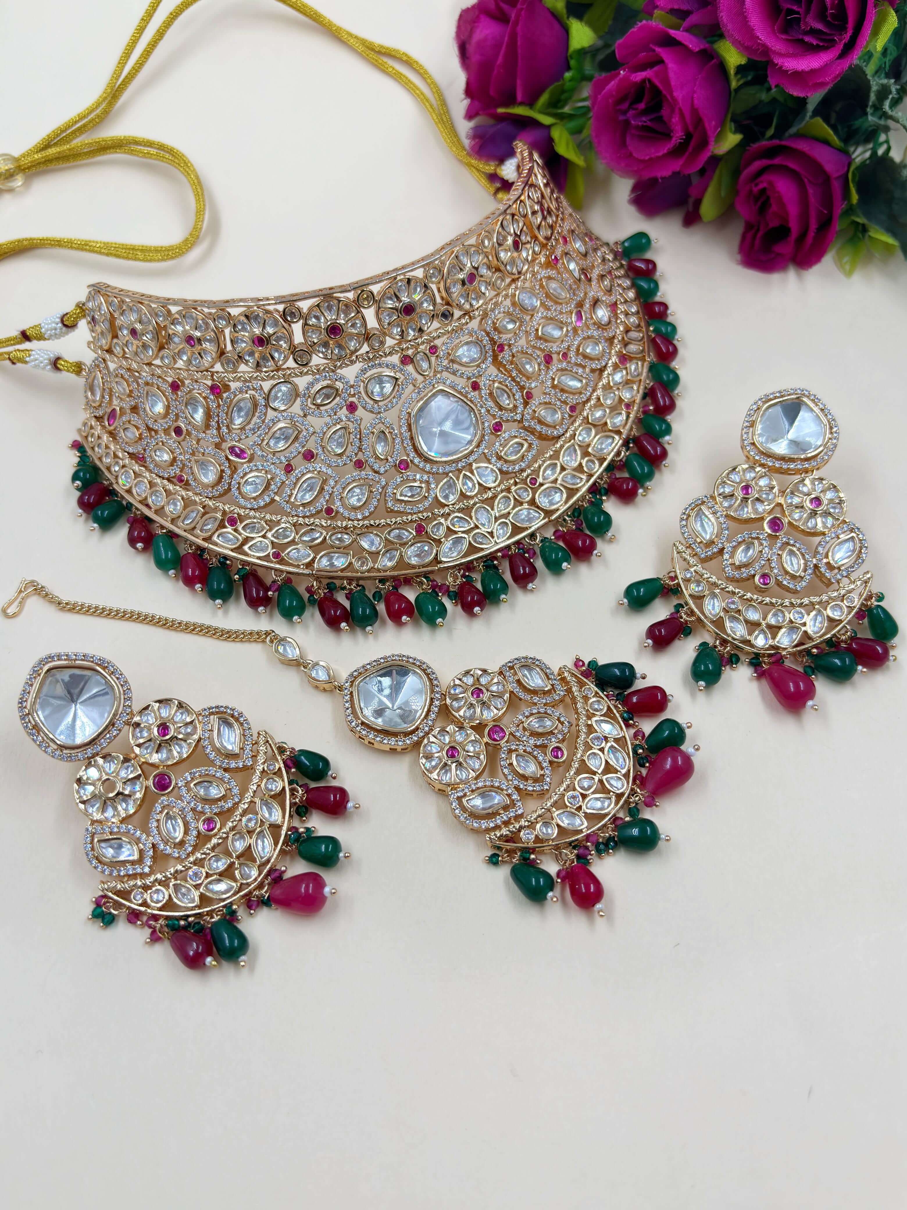 Padmavati Heavy Polki Kundan Bridal Choker Necklace Set With Tikka