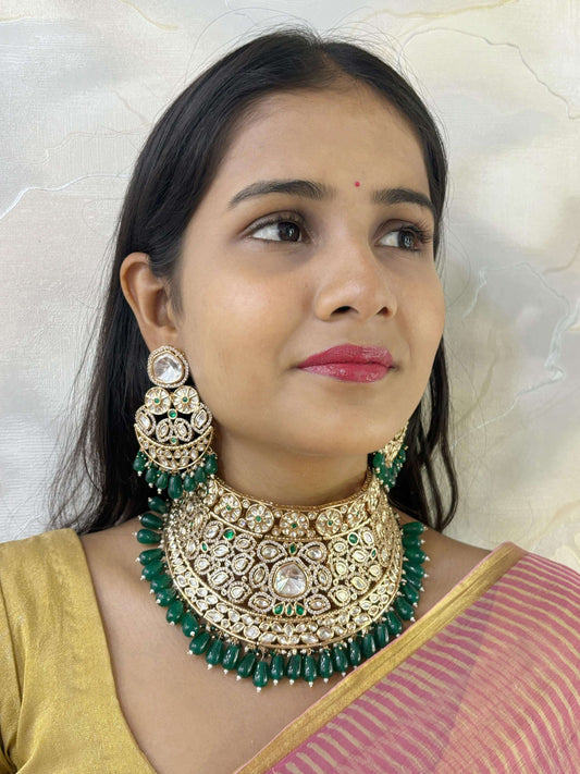 Padmavati Heavy Green Polki Kundan Bridal Choker Necklace Set With Tikka