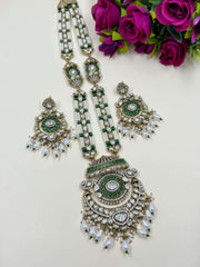 Devyani Long Antique Victorian Polki Necklace Set | Green Antique Wedding Jewellery Set