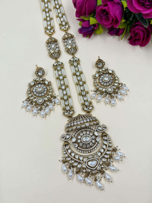 Devyani Long Antique Victorian Polki Necklace Set | Antique Wedding Jewellery Set