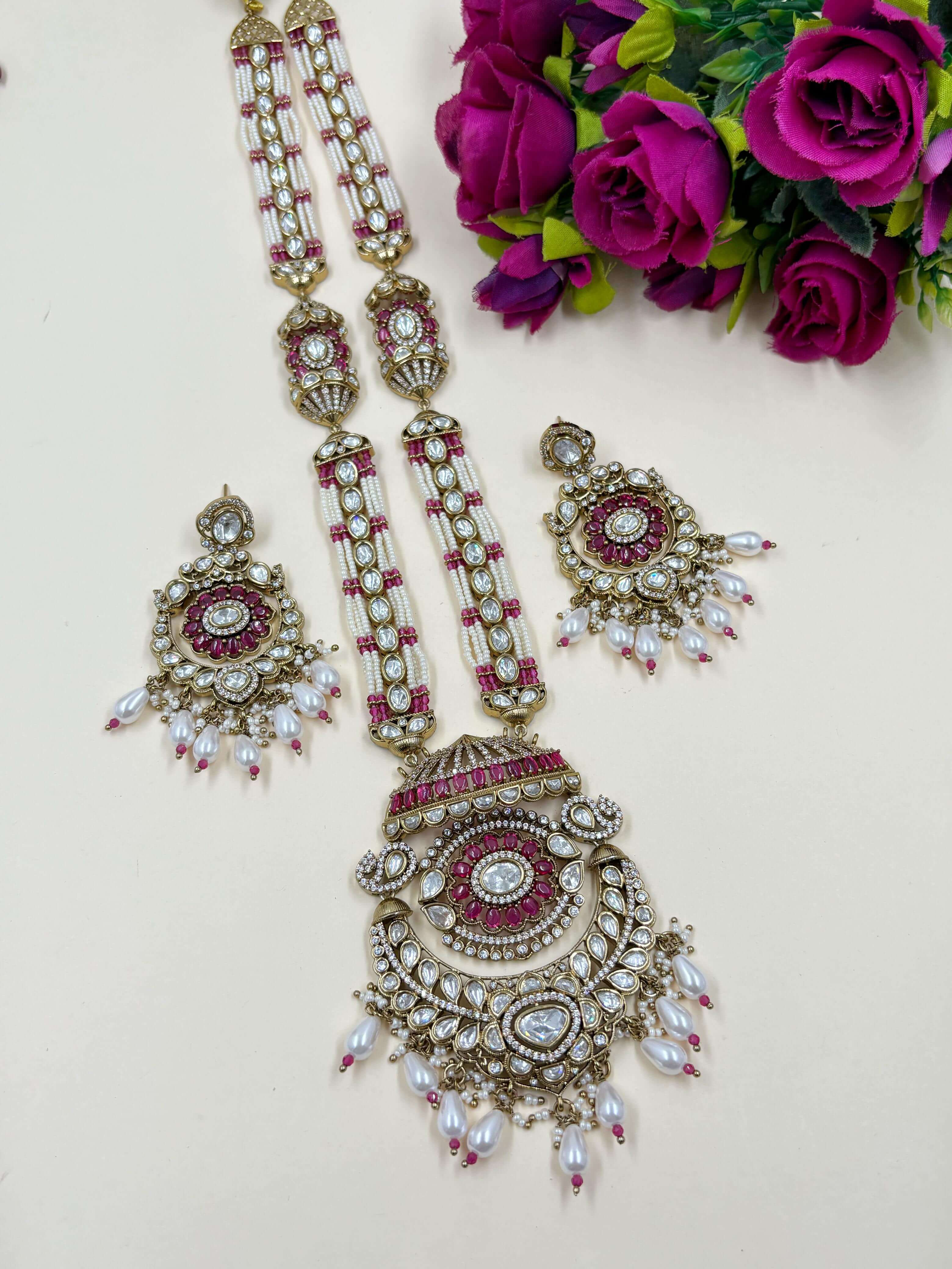 Devyani Long Antique Victorian Polki Necklace Set | Pink Antique Wedding Jewellery Set