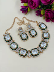  Contemporary Modern Look Big Stone AD And Polki Necklace Set With Green Meenakari handcrafted for weddings and parties 