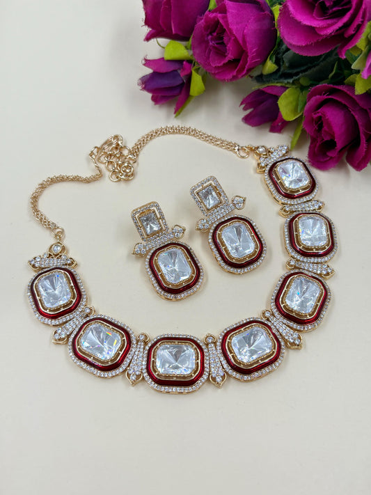  Contemporary Modern Look Big Stone AD And Polki Necklace Set With Red Meenakari handcrafted for weddings and parties 