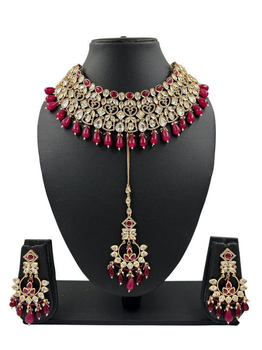 Designer Kundan Polki Bridal Necklace Set With Tikka | Red Wedding Jewellery Set