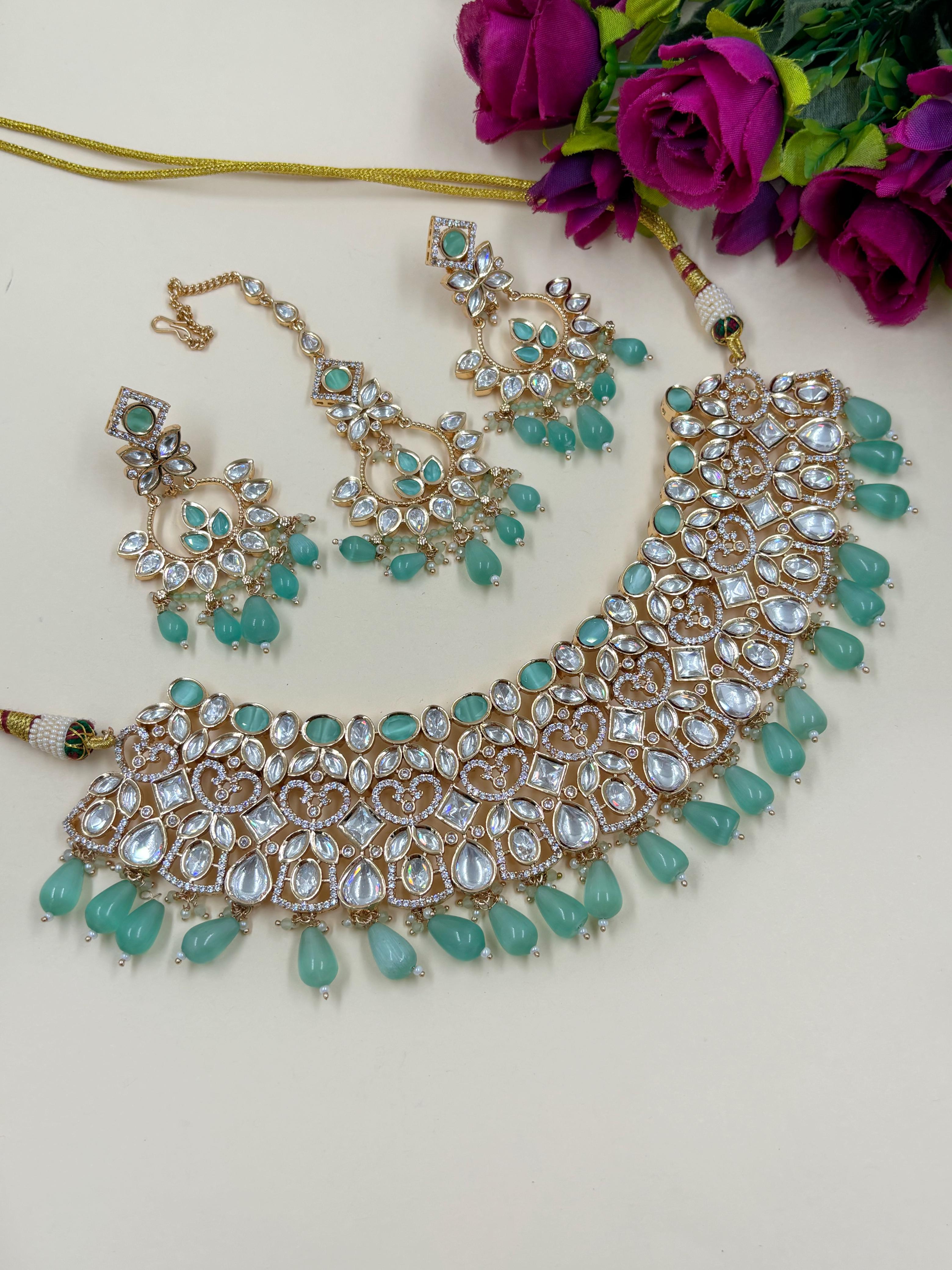 Designer Kundan Polki Bridal Necklace Set With Tikka | Mint Green Wedding Jewellery Set