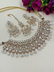 Designer Kundan Polki Bridal Necklace Set With Tikka | Pearls Wedding Jewellery Set