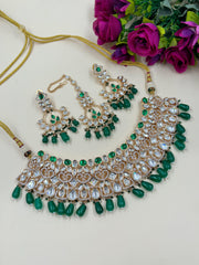 Designer Kundan Polki Bridal Necklace Set With Tikka | Green Wedding Jewellery Set