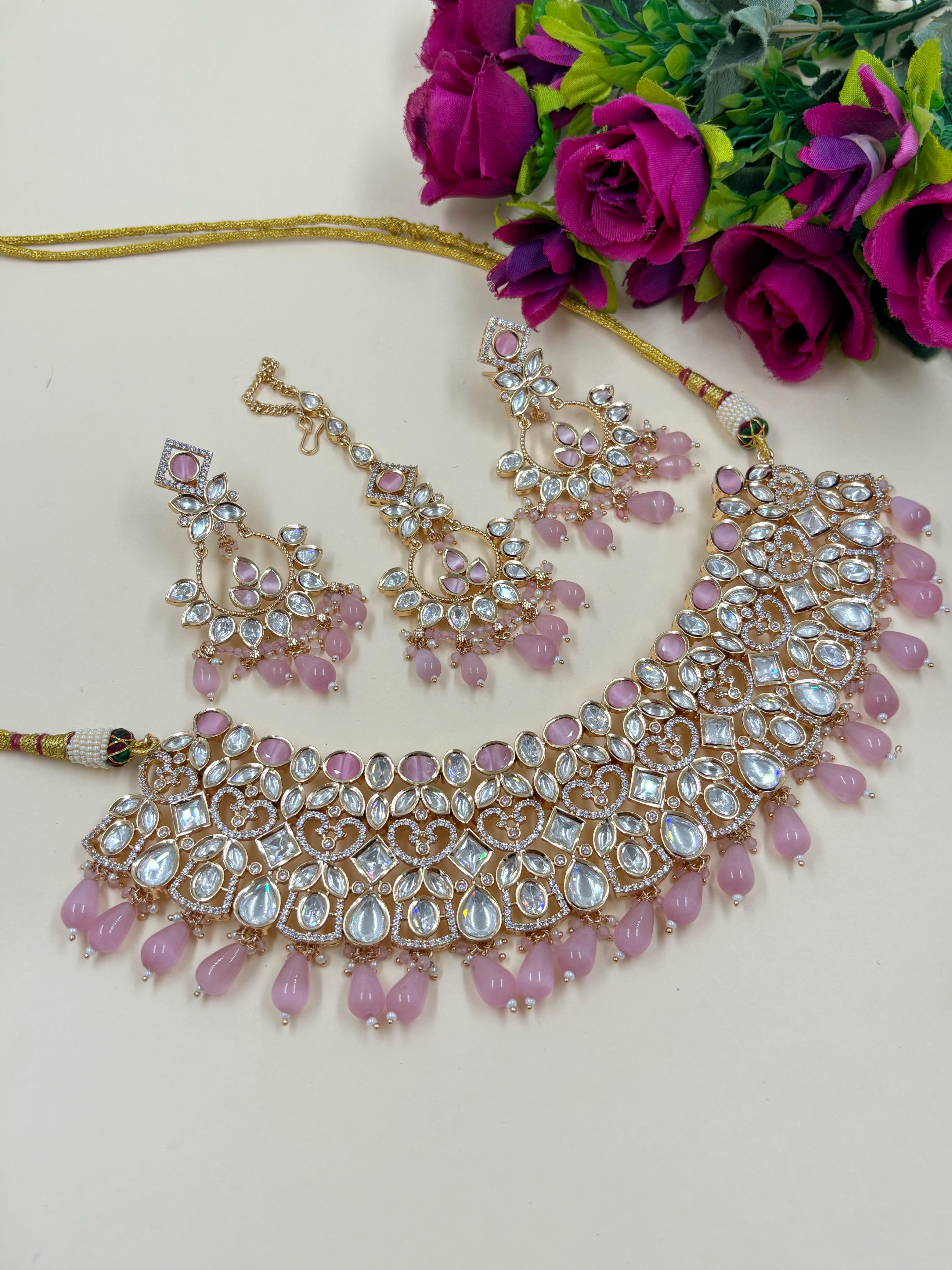 Designer Kundan Polki Bridal Necklace Set With Tikka | Baby Pink Wedding Jewellery Set