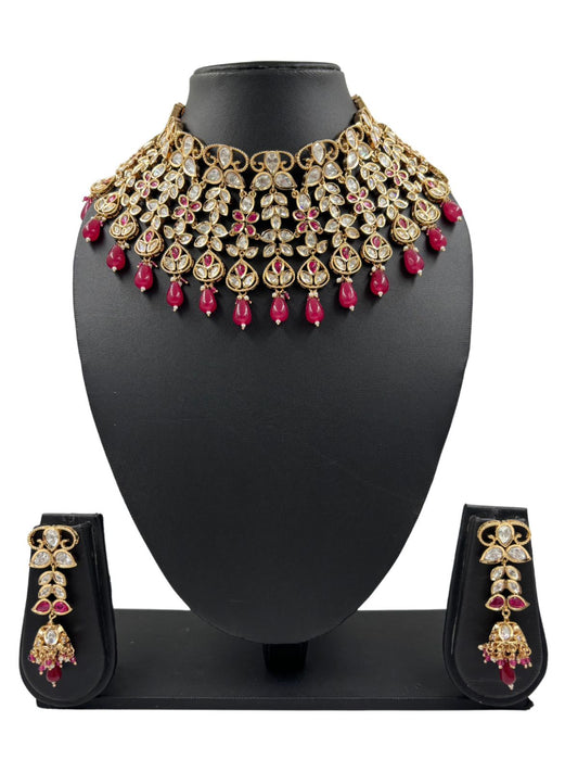 Designer  Heavy Quality Kundan Polki Red  Bridal Choker Necklace Set With Tikka