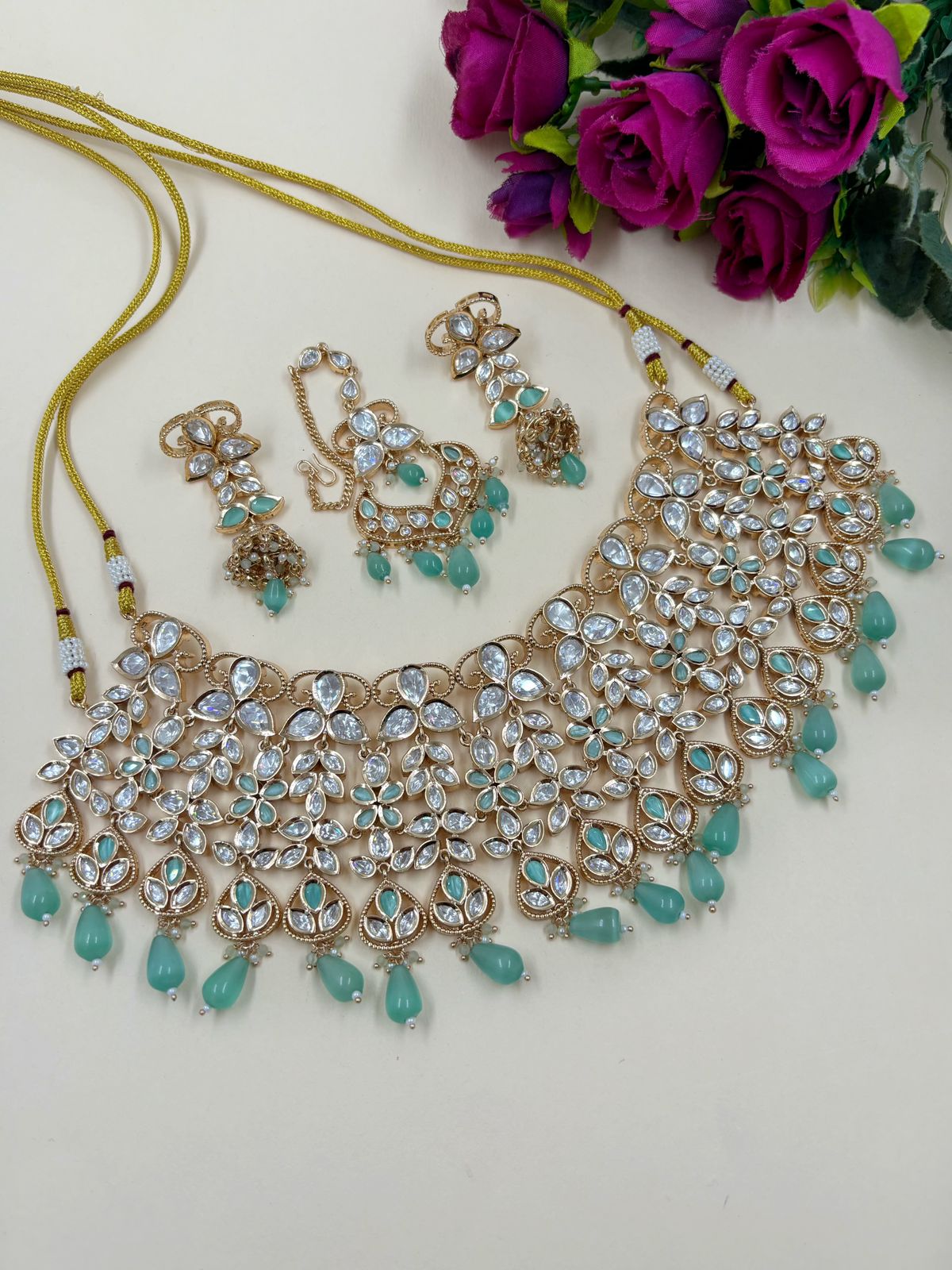 Designer Heavy Quality Kundan Polki Mint Green Bridal Choker Necklace Set With Tikka