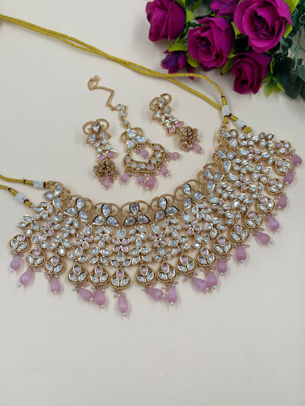 Designer Heavy Quality Kundan Polki Baby Pink Bridal Choker Necklace Set With Tikka