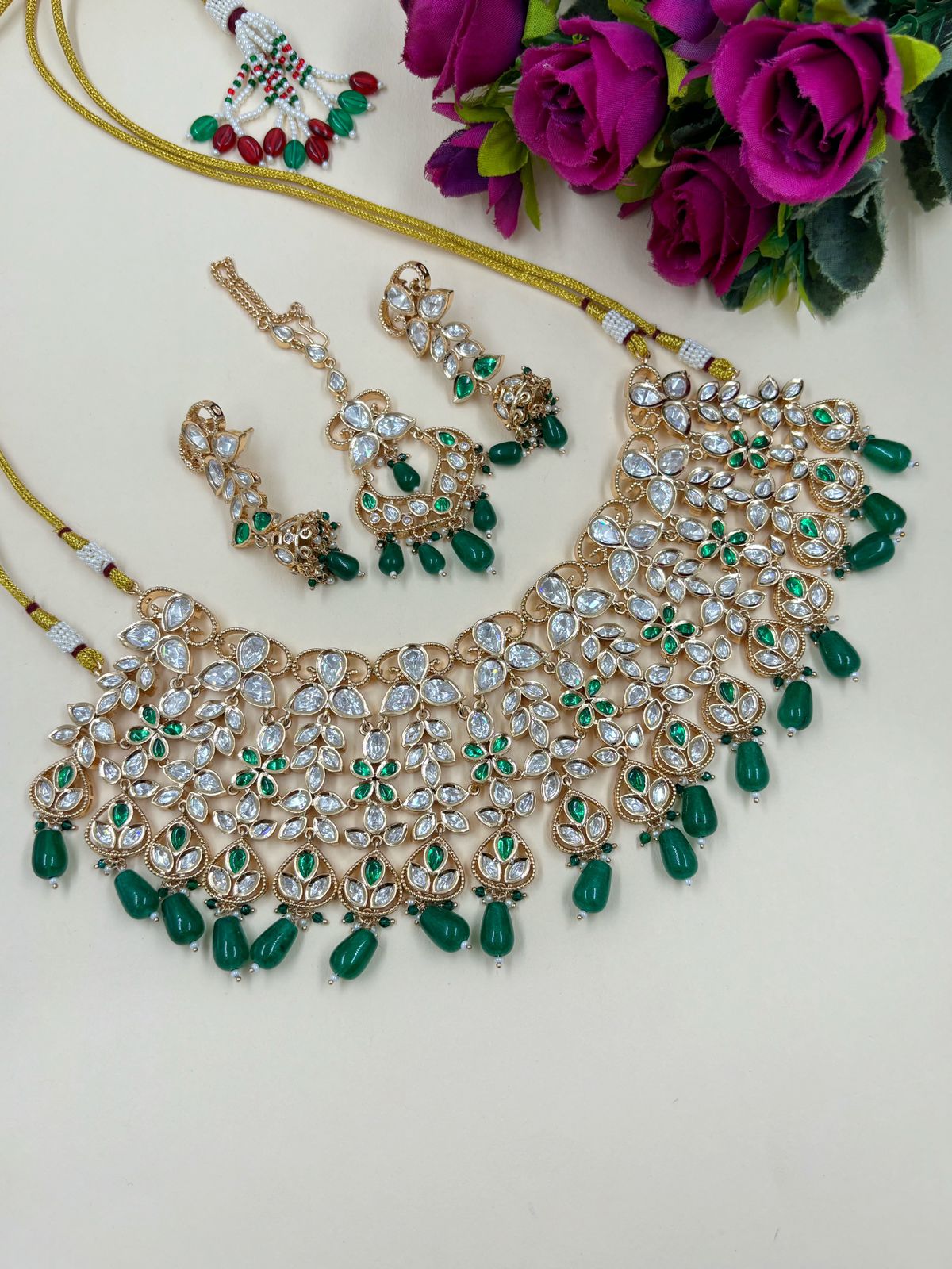  Heavy Quality Kundan Polki Green  Bridal Choker Necklace Set With Tikka