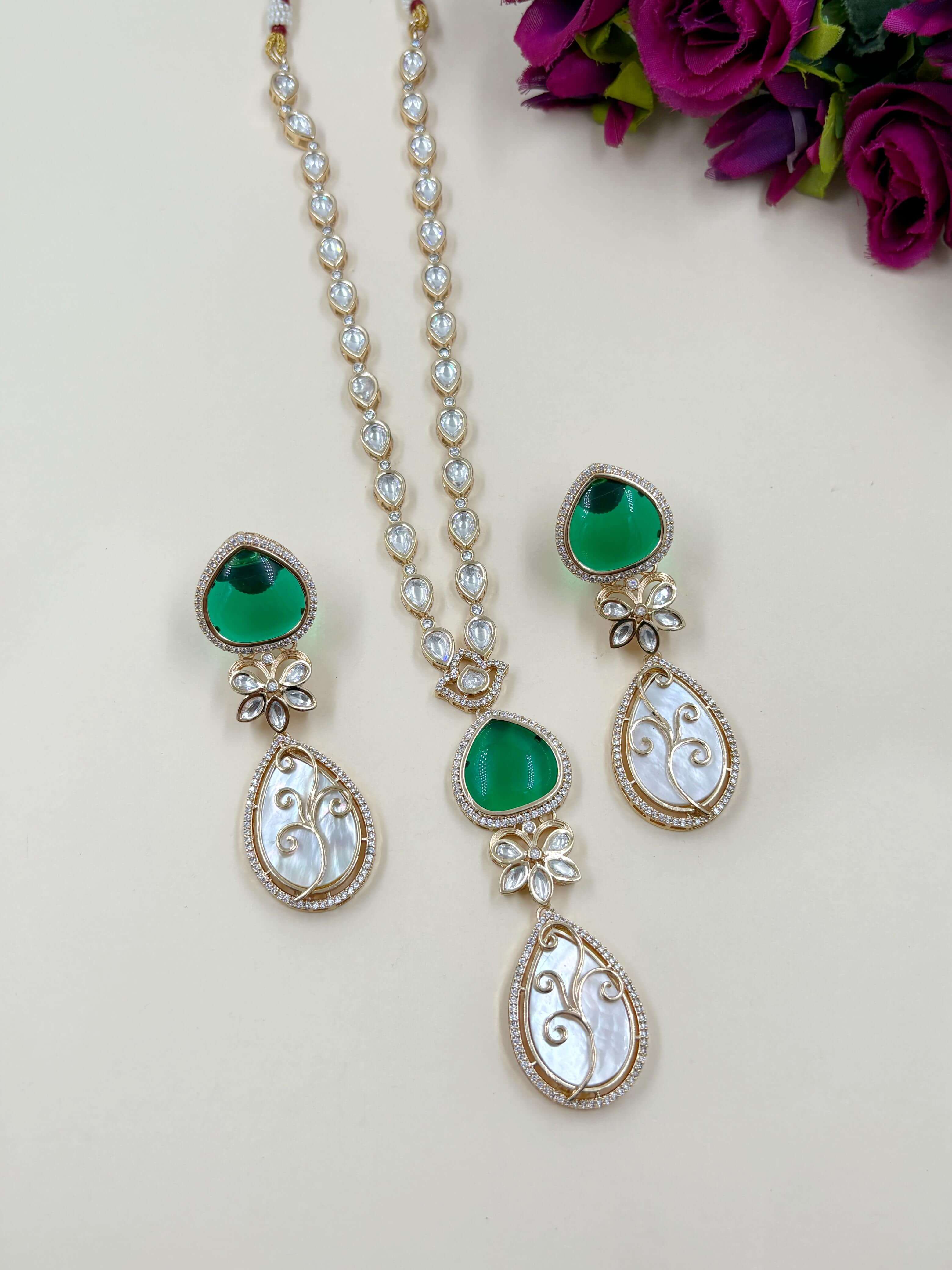 Stylish And Modern Look Polki And Mother Of Pearl Pendant Necklace Set Green
