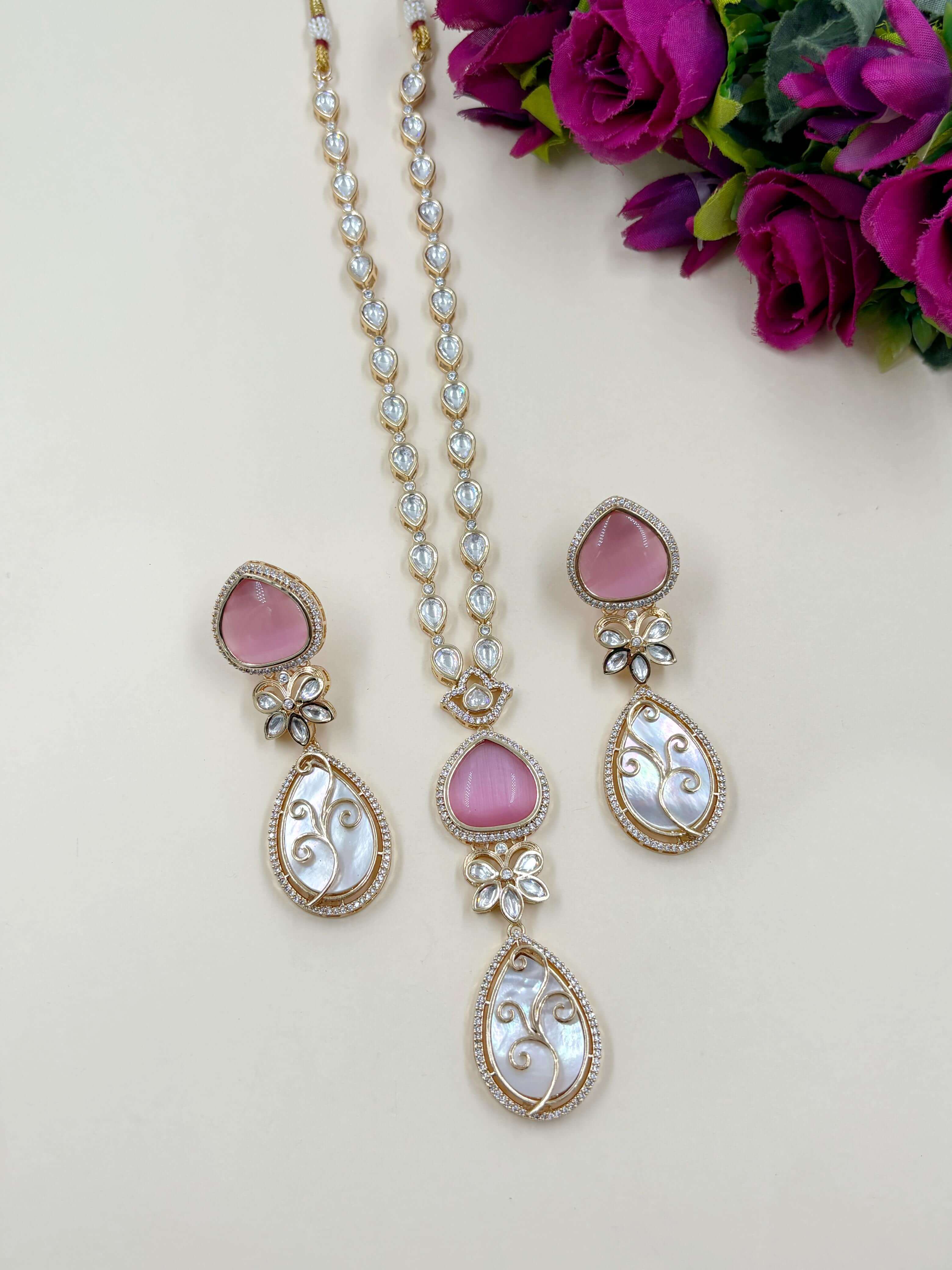 Stylish And Modern Look Polki And Mother Of Pearl Pendant Necklace Set Baby Pink