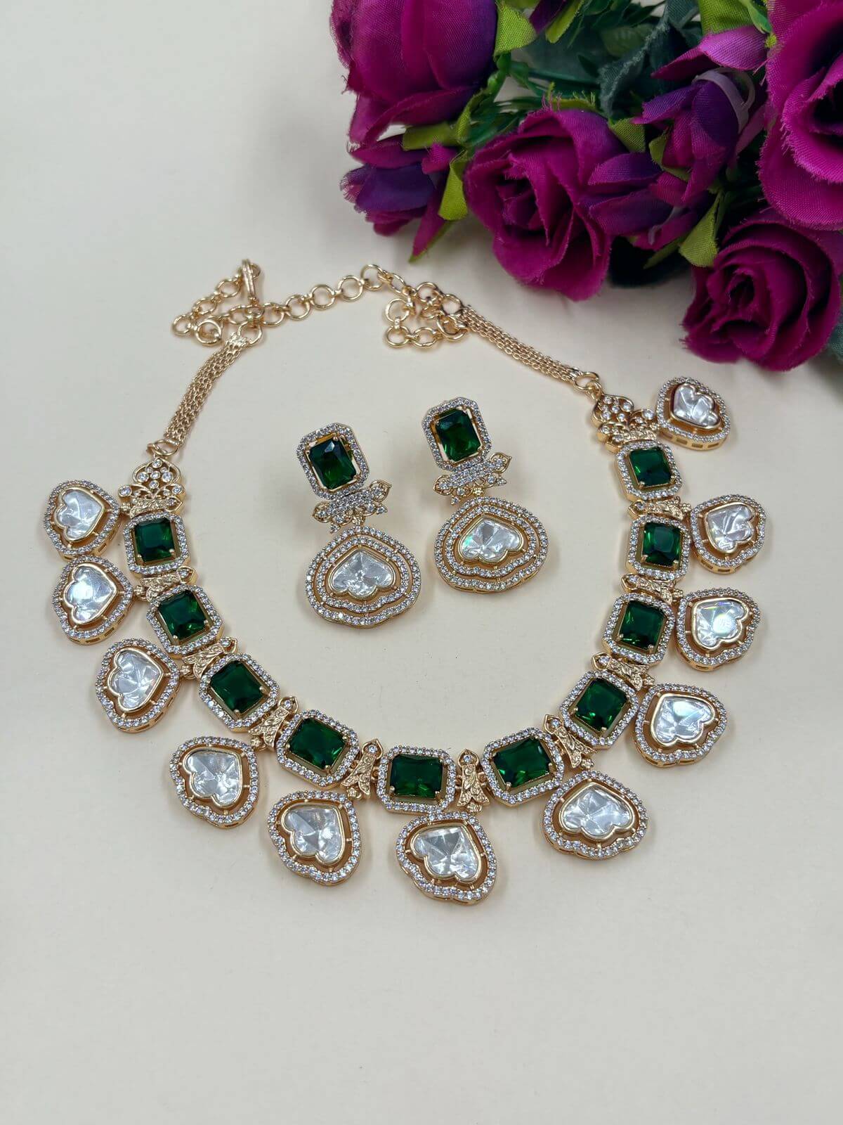 Modern Look AD And Polki Necklace Set with Green Stones| Party Wear Necklace