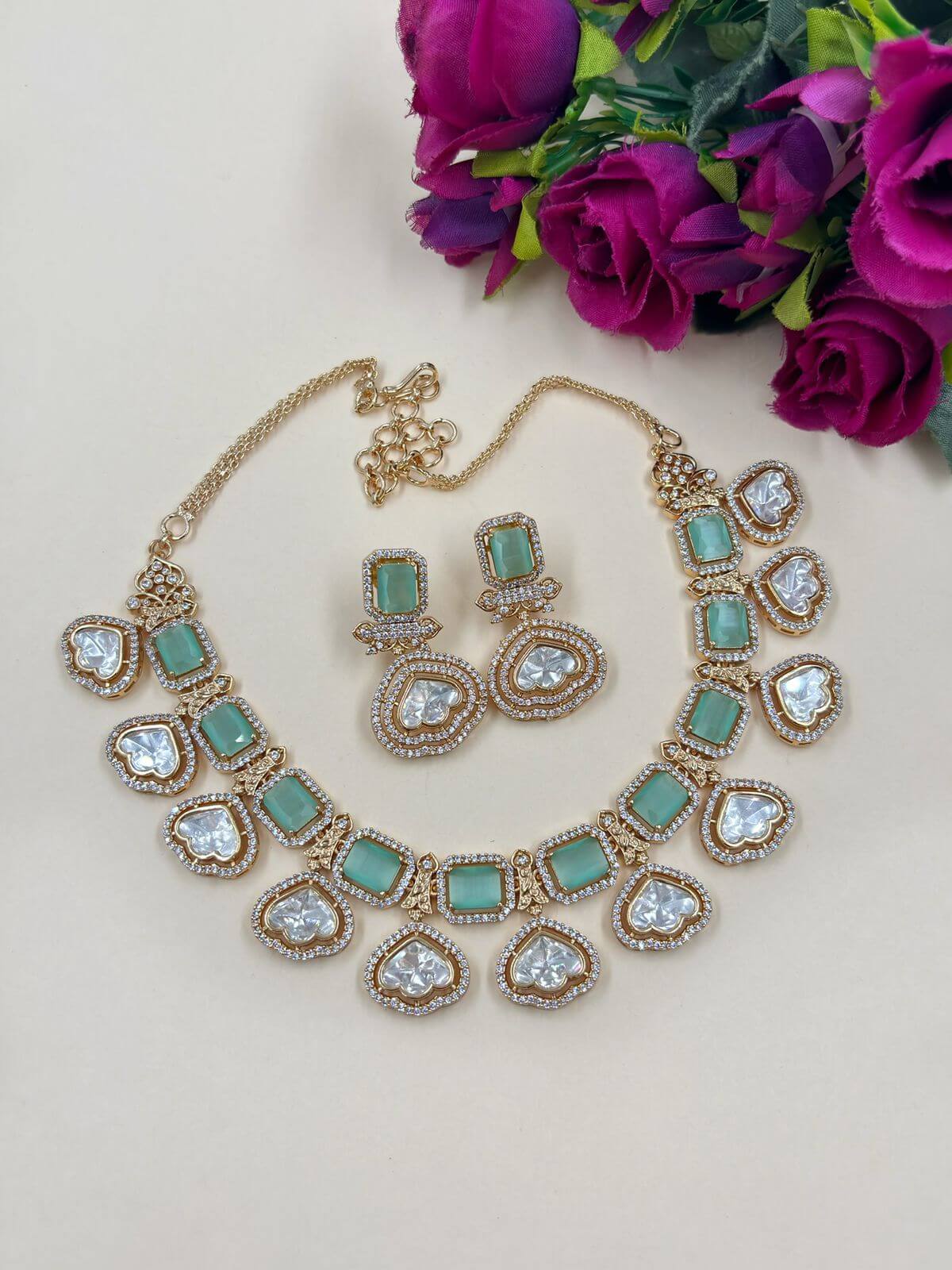 Modern Look AD And Polki Necklace Set with Mint Green Stones| Party Wear Necklace