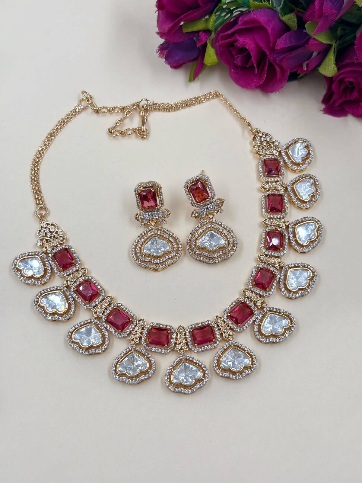 Modern Look AD And Polki Necklace Set with Ruby Pink Stones| Party Wear Necklace