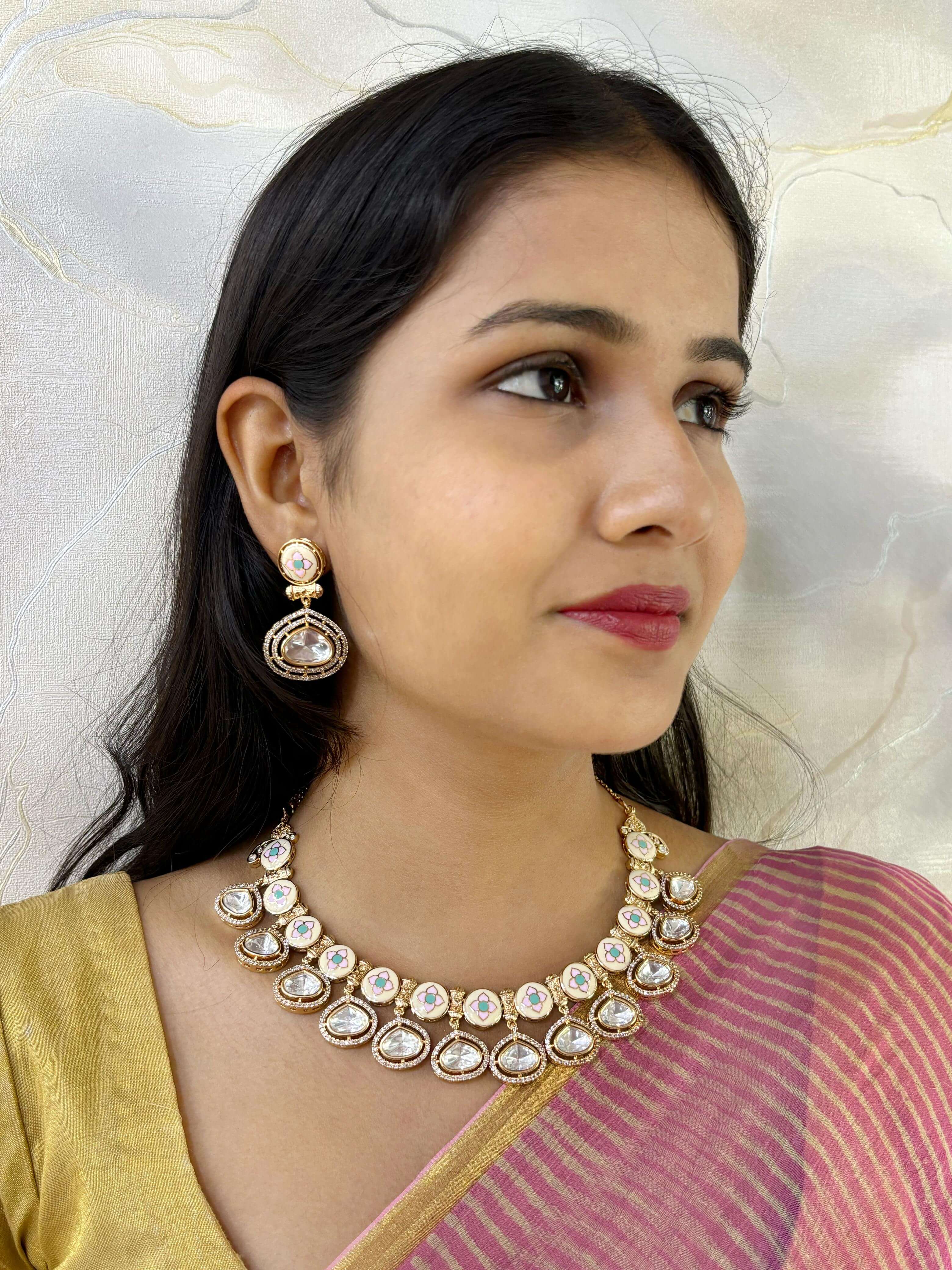 Beautiful Party Wear Zircon And Polki Necklace With Meenakari