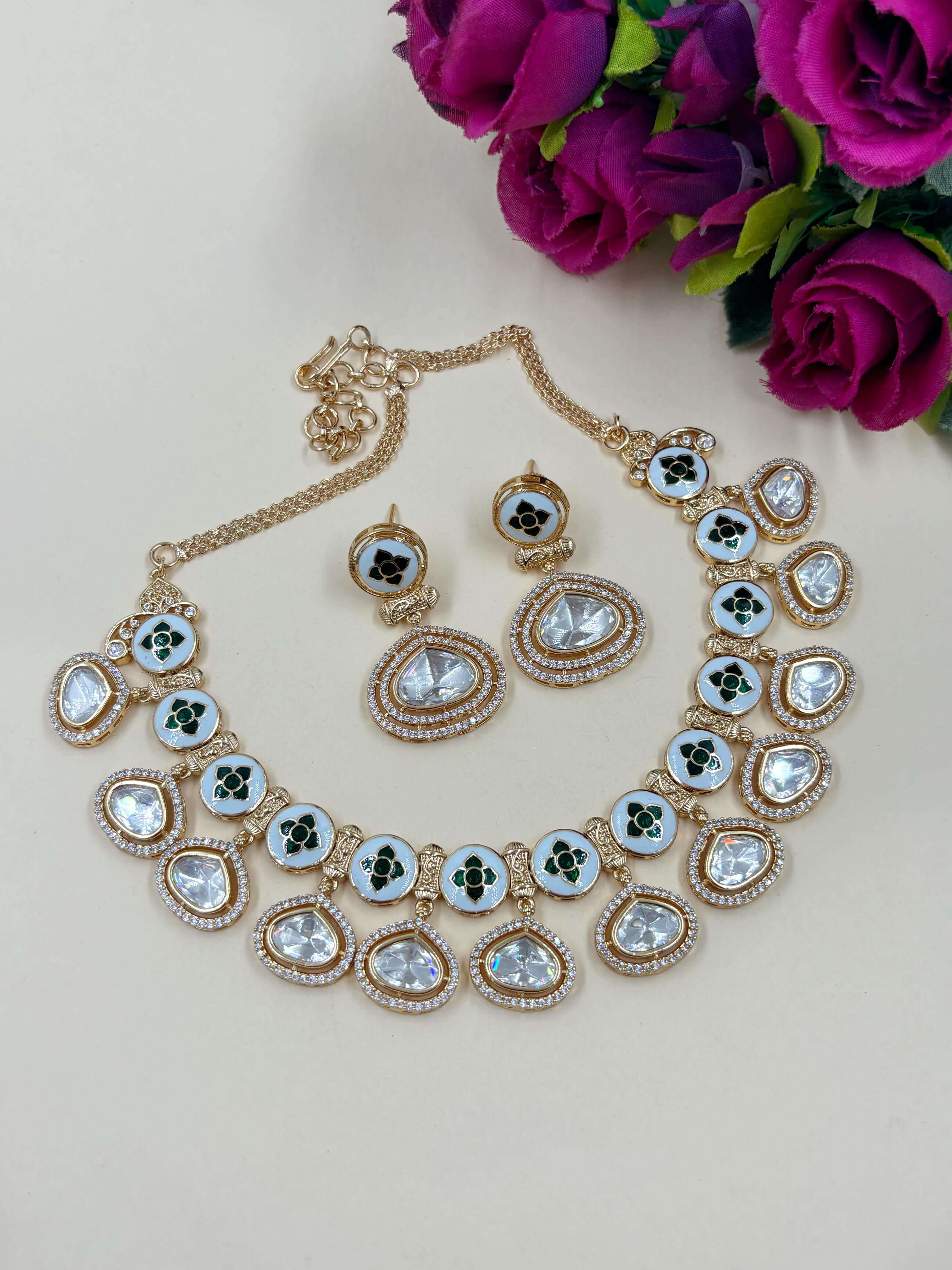 Beautiful Party Wear Zircon And Polki Necklace With Meenakari