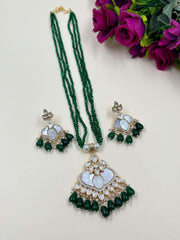 Mother Of Pearl And Polki Pendant Earrings Set With Layered Green Hydro Beads