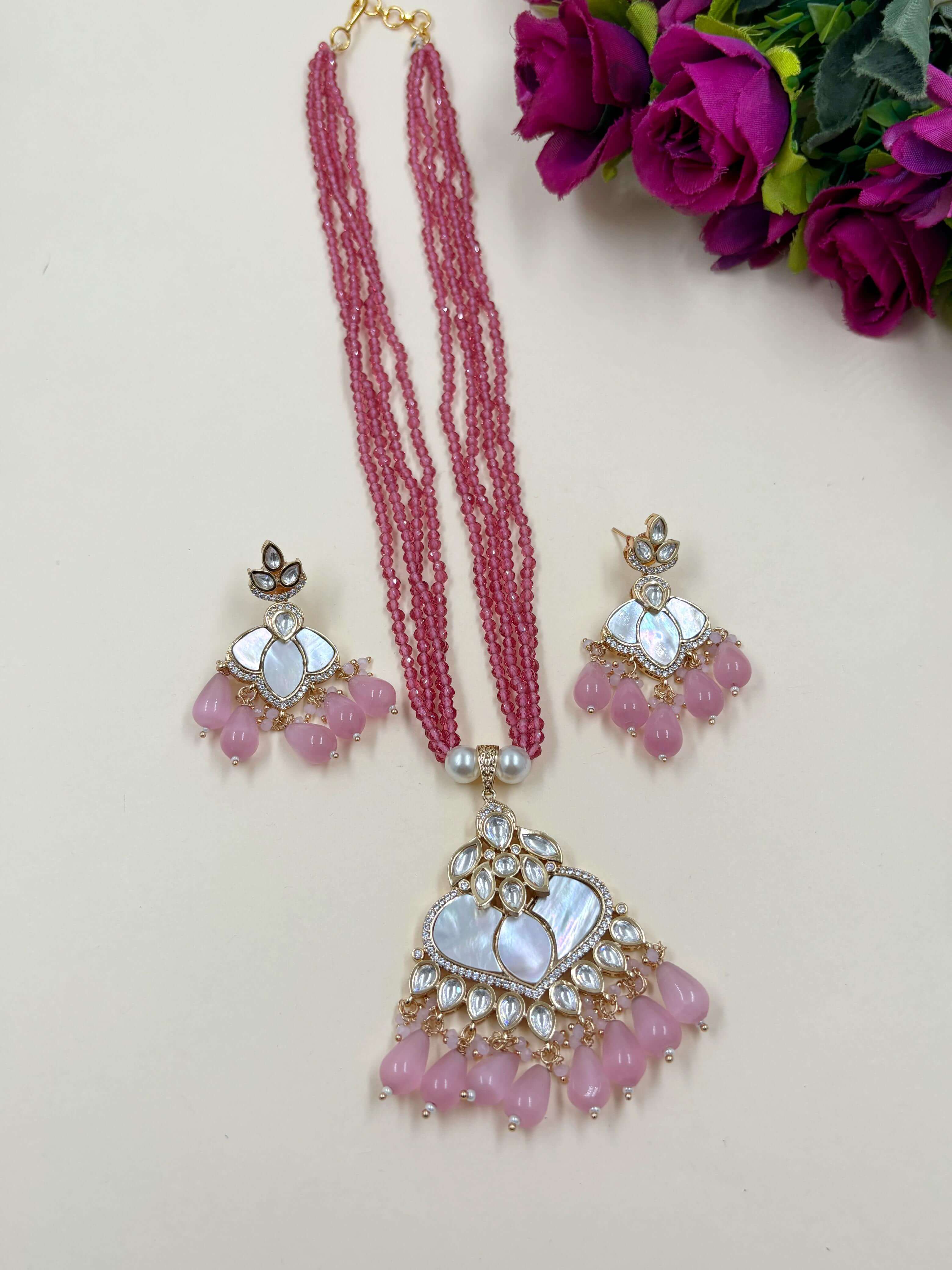 Mother Of Pearl And Polki Pendant Earrings Set With Layered Pink Hydro Beads