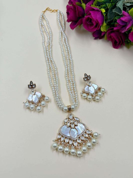 Mother Of Pearl And Polki Pendant Earrings Set With Layered Shell Beads