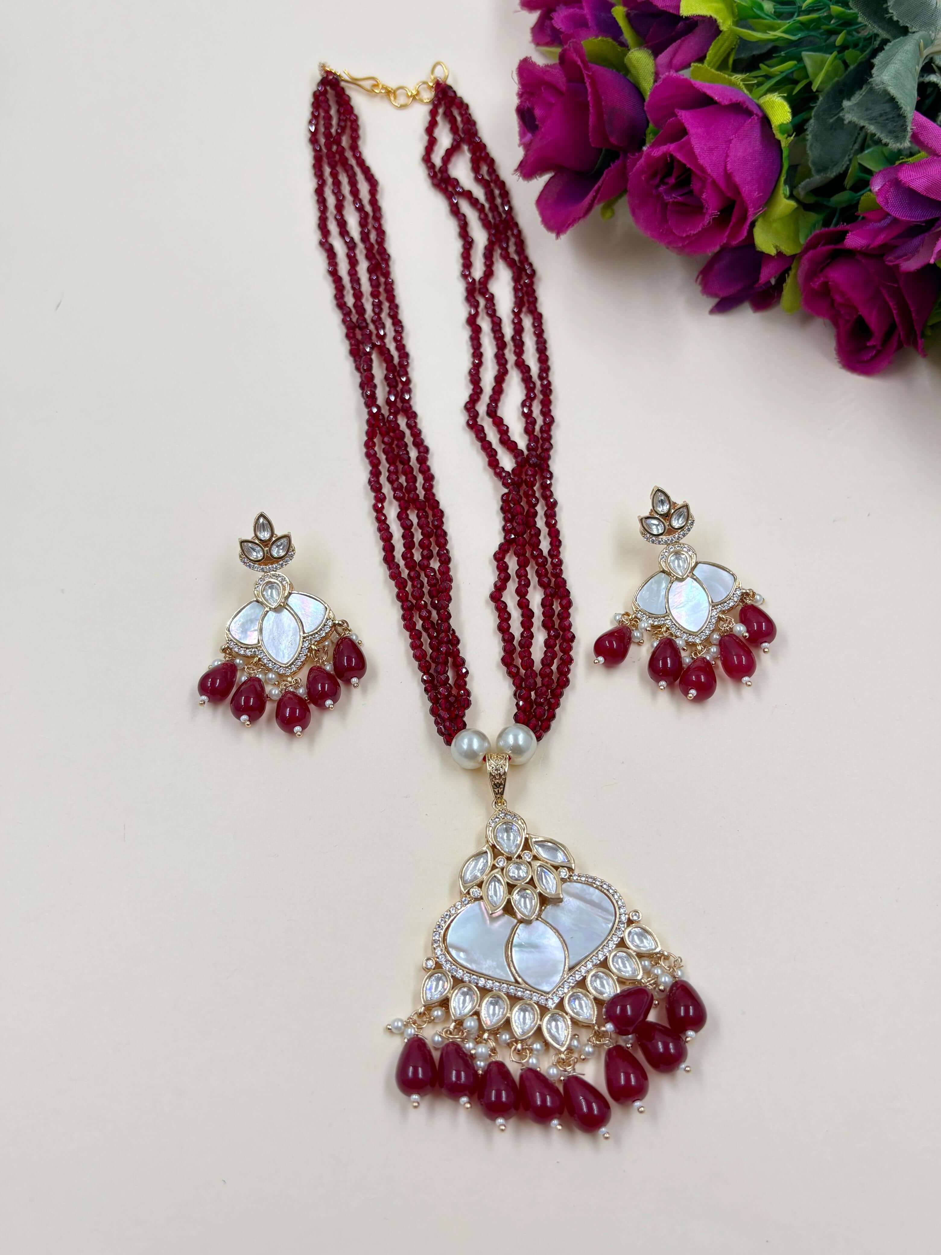Mother Of Pearl And Polki Pendant Earrings Set With Layered maroon hydro Beads
