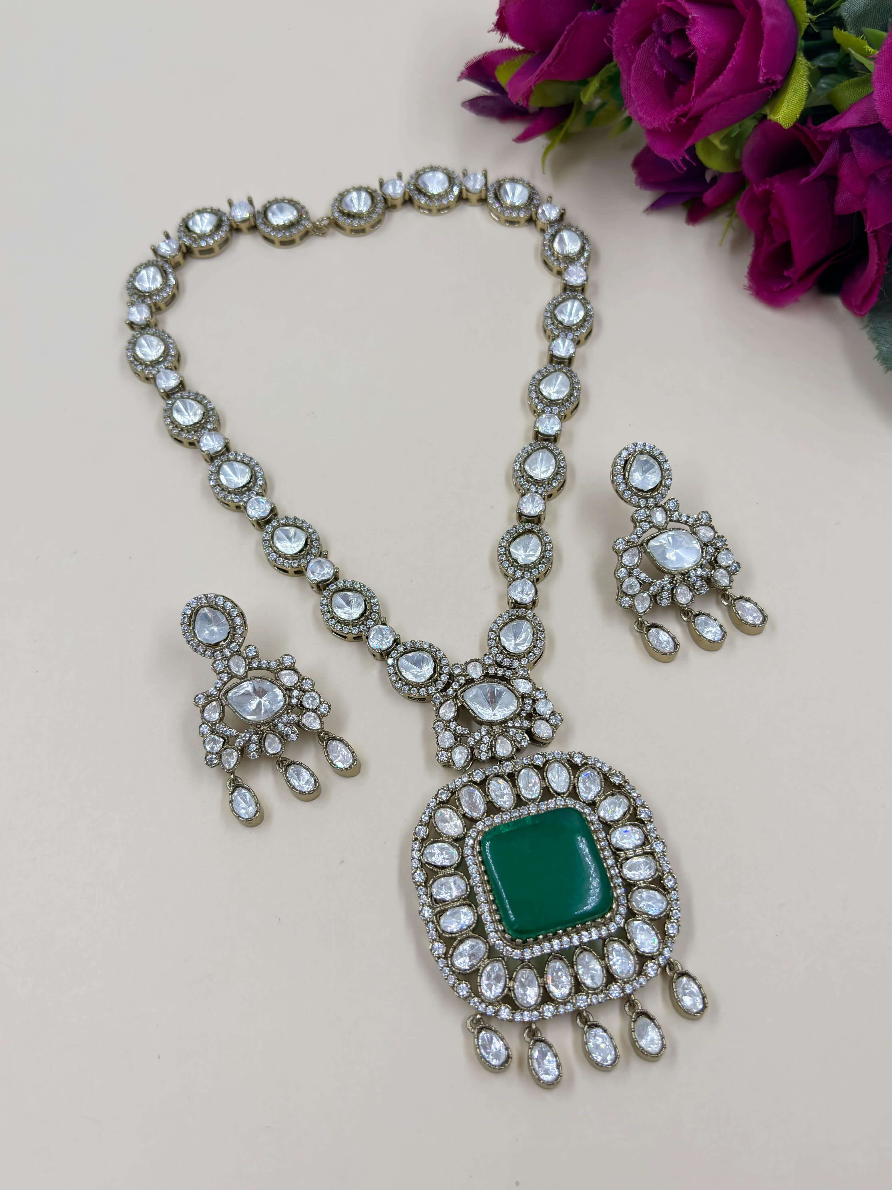 Antique Uncut Moissanite Victorian Polki Jewellery Necklace Set for weddings and parties online in green color 