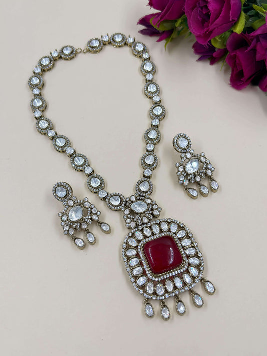 Antique Uncut Moissanite Victorian Polki Jewellery Necklace Set for weddings and parties online in Red Color 