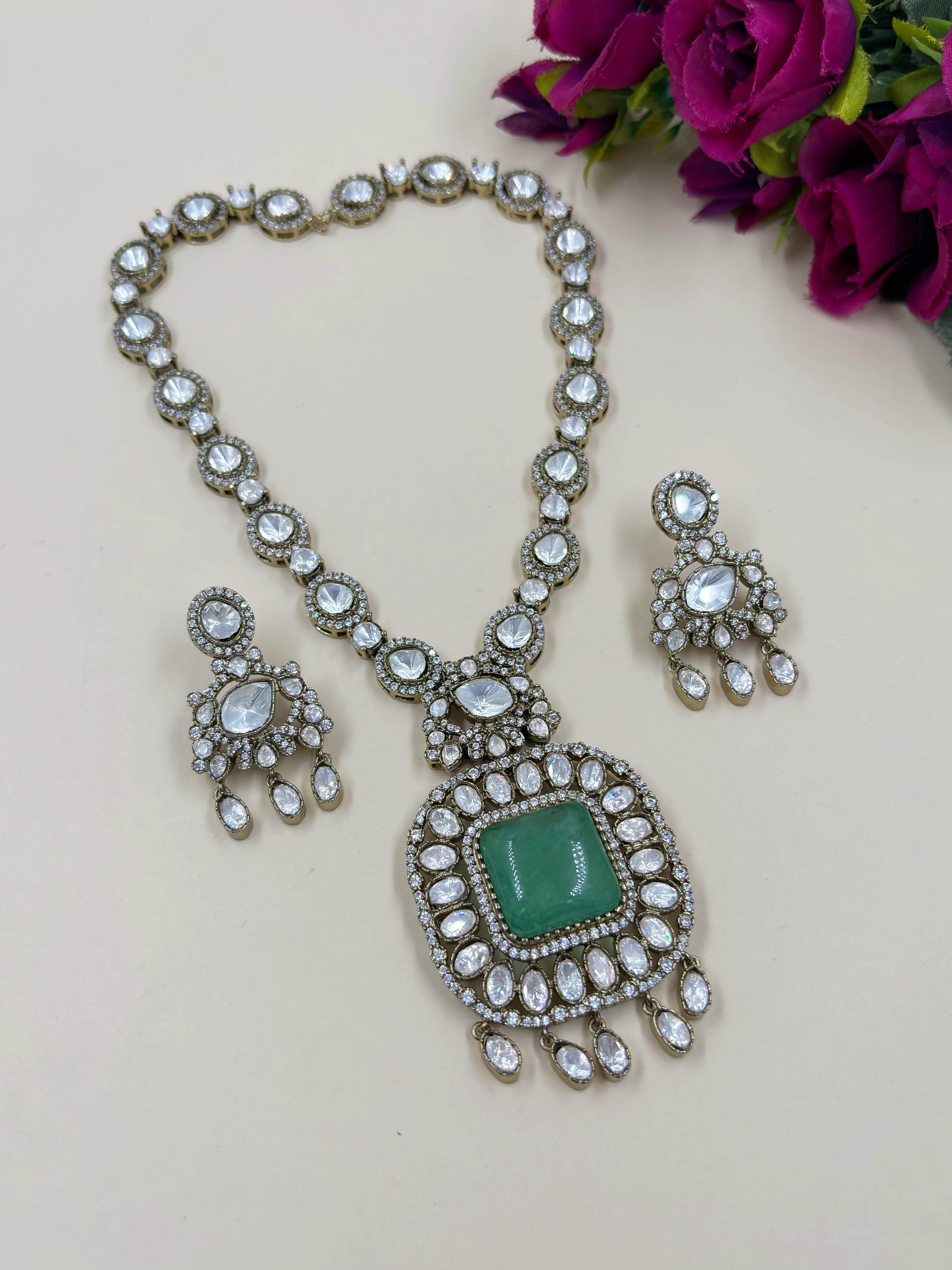 Antique Uncut Moissanite Victorian Polki Jewellery Necklace Set for weddings and parties online in mint color 