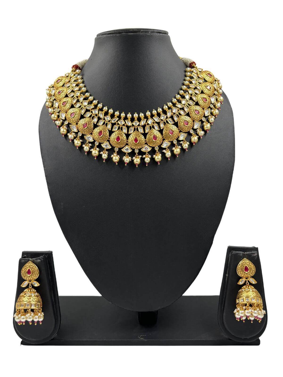 Swarna Gold Plated Antique Gold Necklace Set studded with kundan.