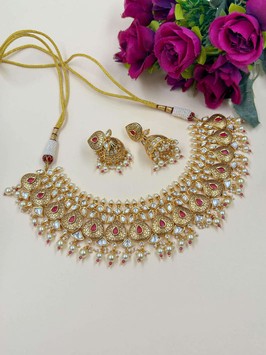 Swarna Gold Plated Antique Gold Necklace Set studded with kundan.