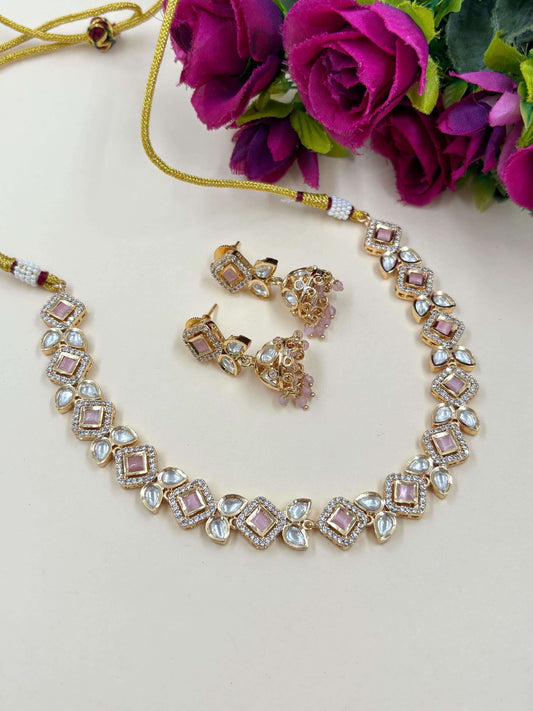 Baby Pink Color  Short Simple And Delicate Polki Necklace Set for weddingss and parties 