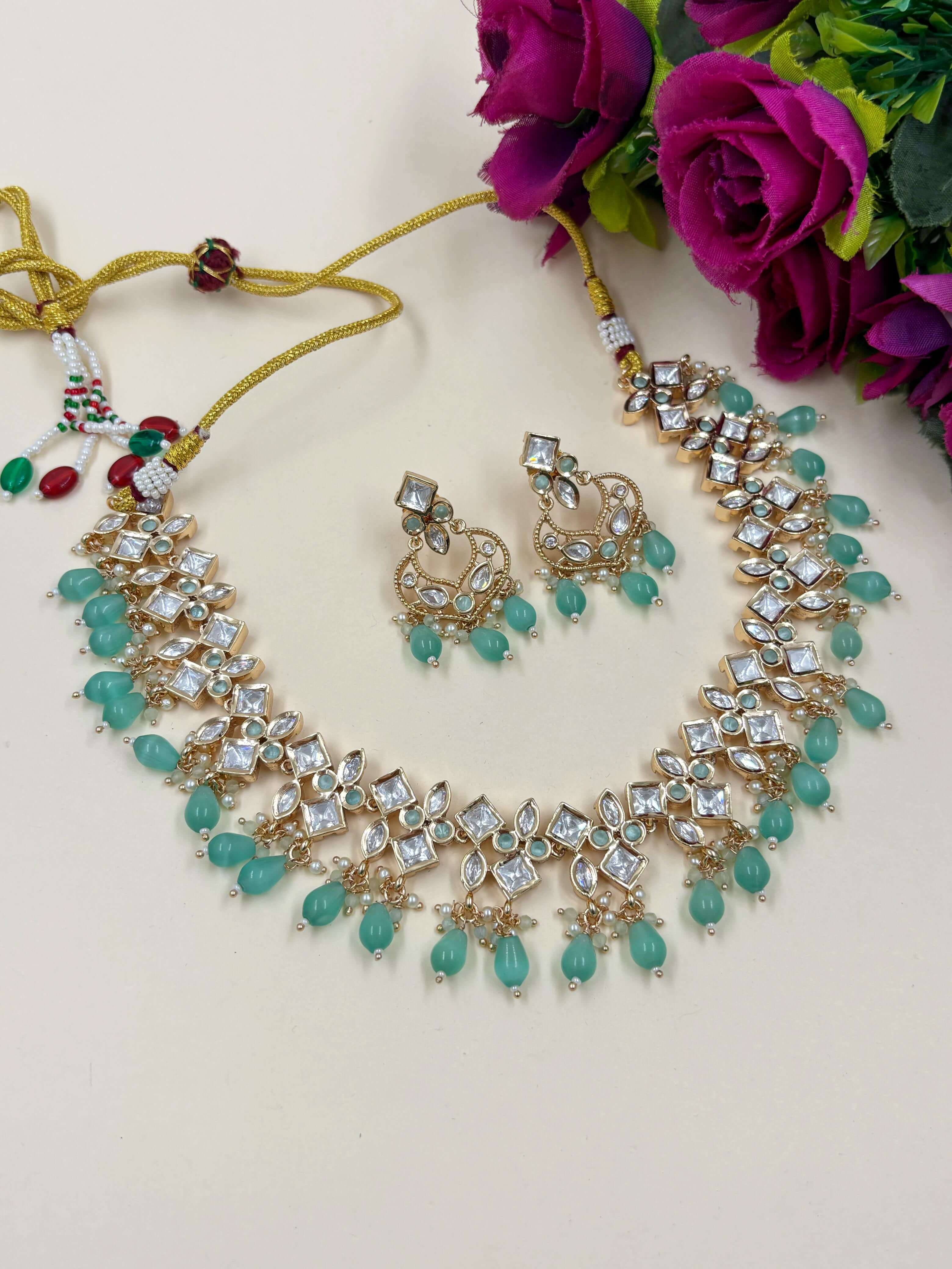 Designer Party Wear Mint Green Polki Necklace Set | Polki Jewellery Online