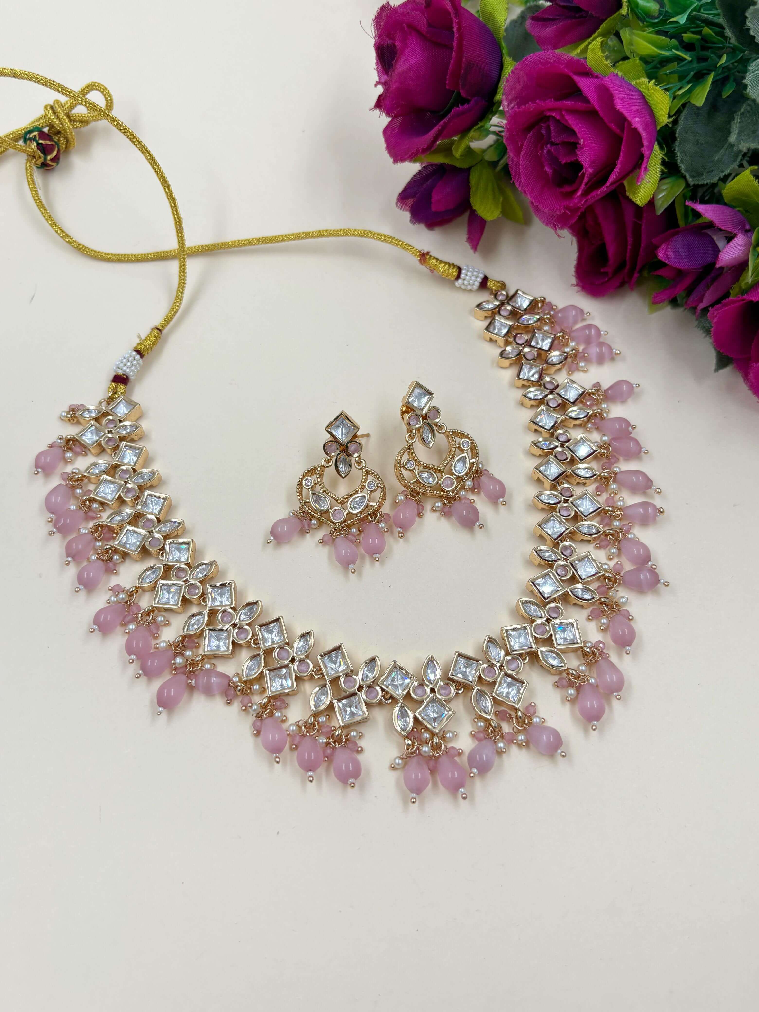 Designer Party Wear Baby Pink Polki Necklace Set | Polki Jewellery Online