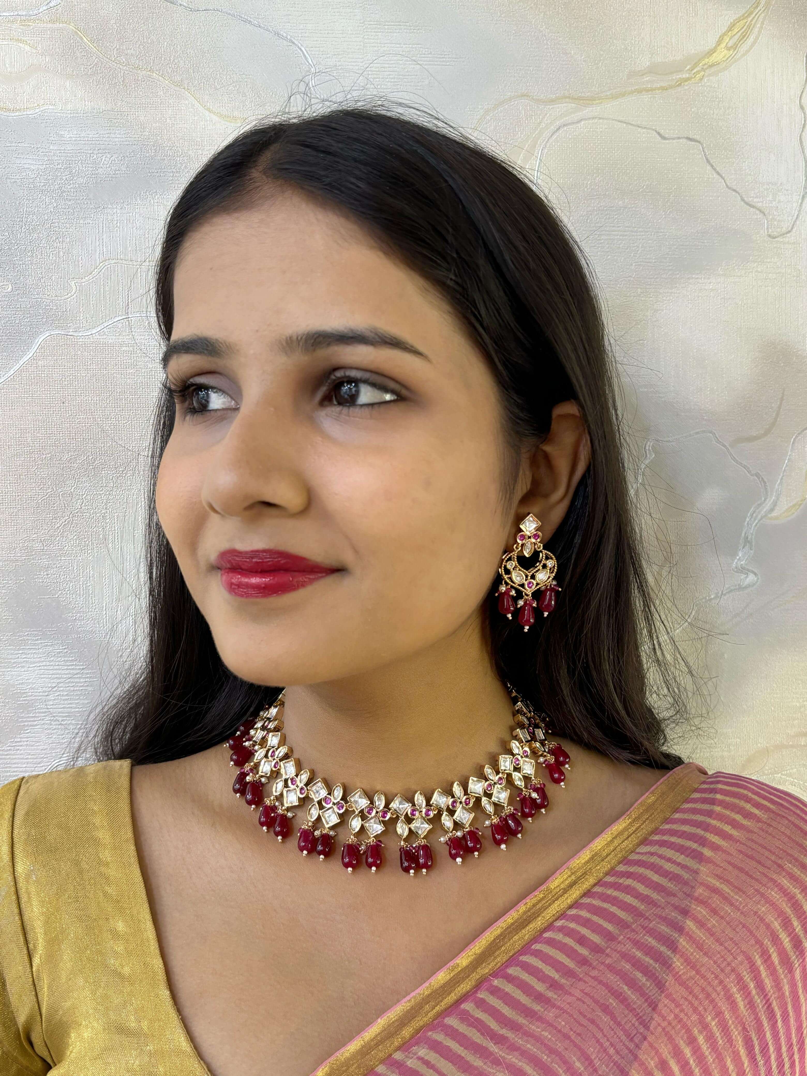 Designer Party Wear Red Polki Necklace Set | Polki Jewellery Online