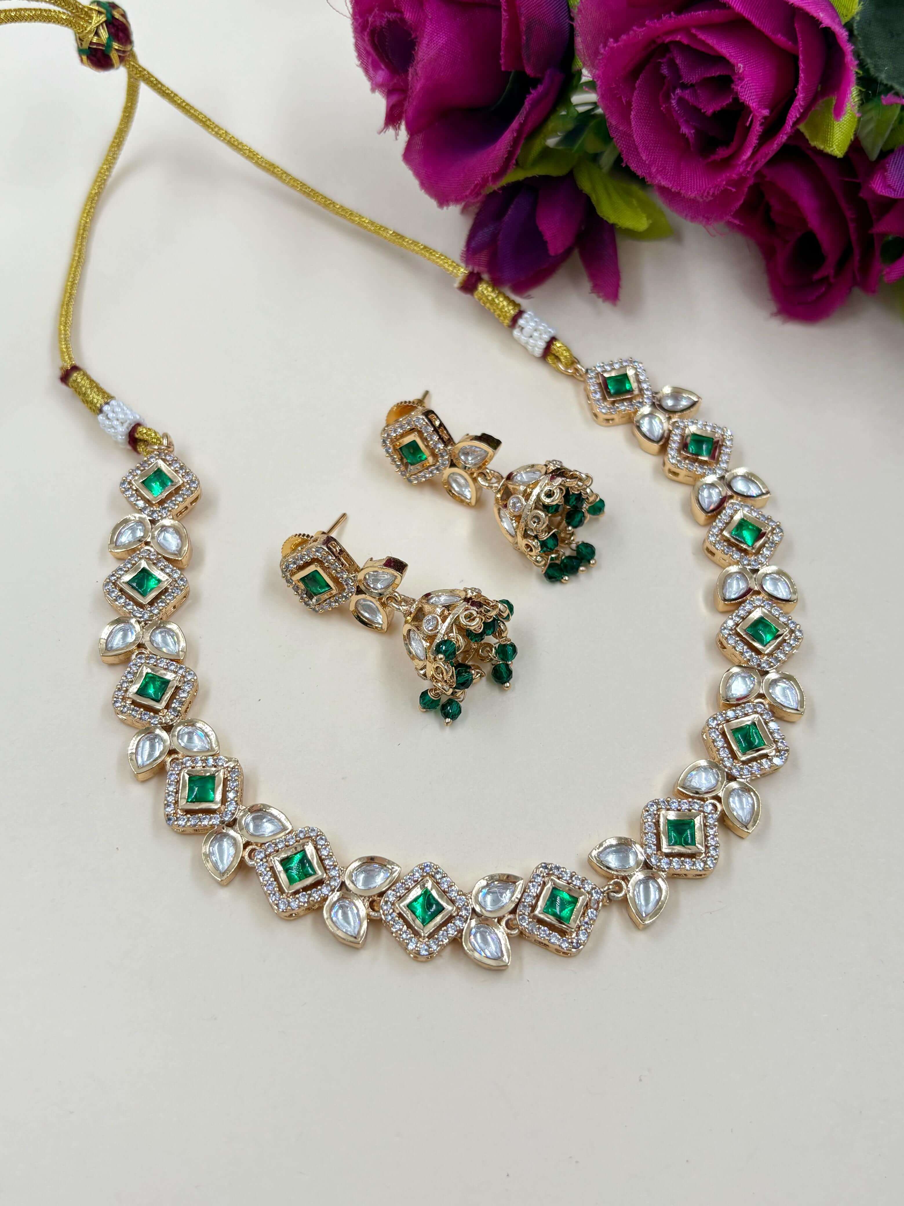 Green Color  Short Simple And Delicate Polki Necklace Set for weddingss and parties 