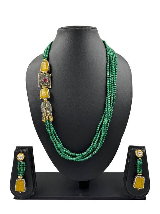 Multilayered Semi Precious Melachite Green Beaded Jewellery Necklace Set online 