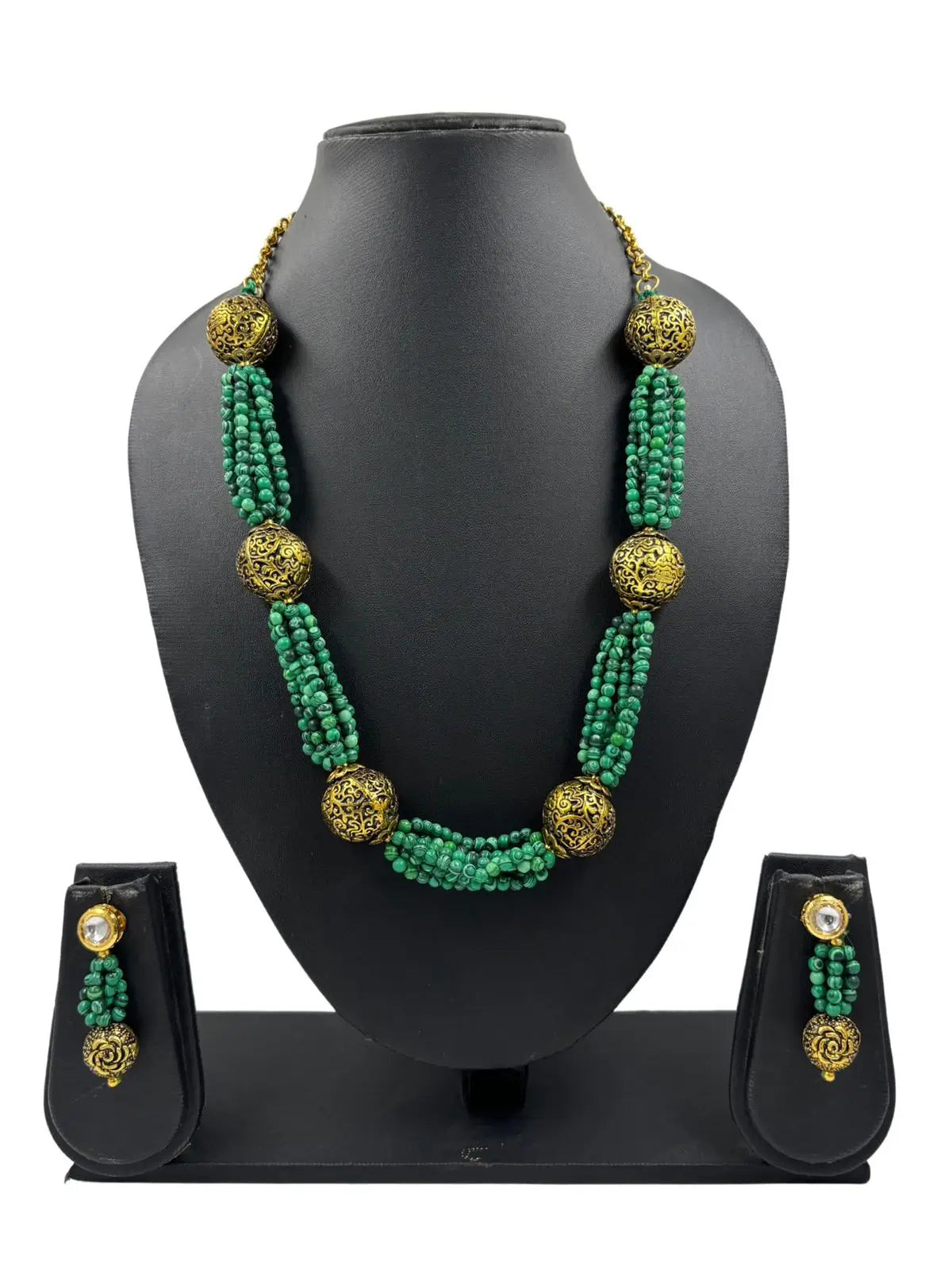 Fancy Multilayered Green Melachite Beaded Jewellery Necklace Set online 