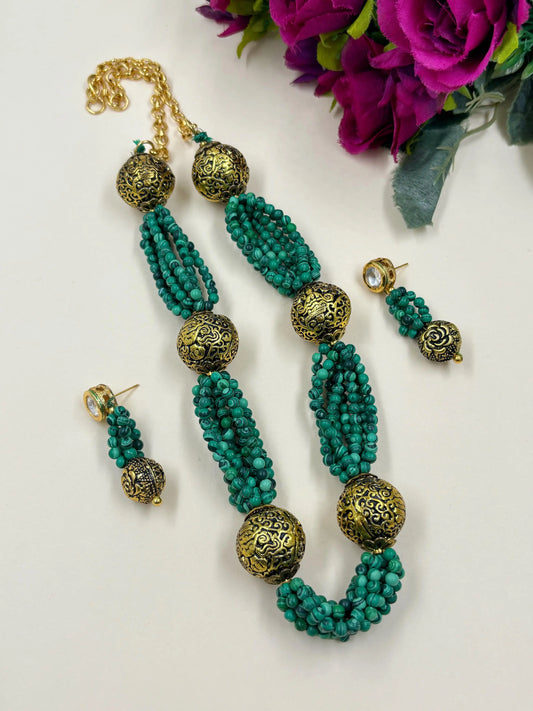 Fancy Multilayered Green Melachite Beaded Jewellery Necklace Set online 