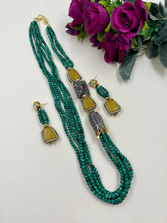 Multilayered Semi Precious Melachite Green Beaded Jewellery Necklace Set online 