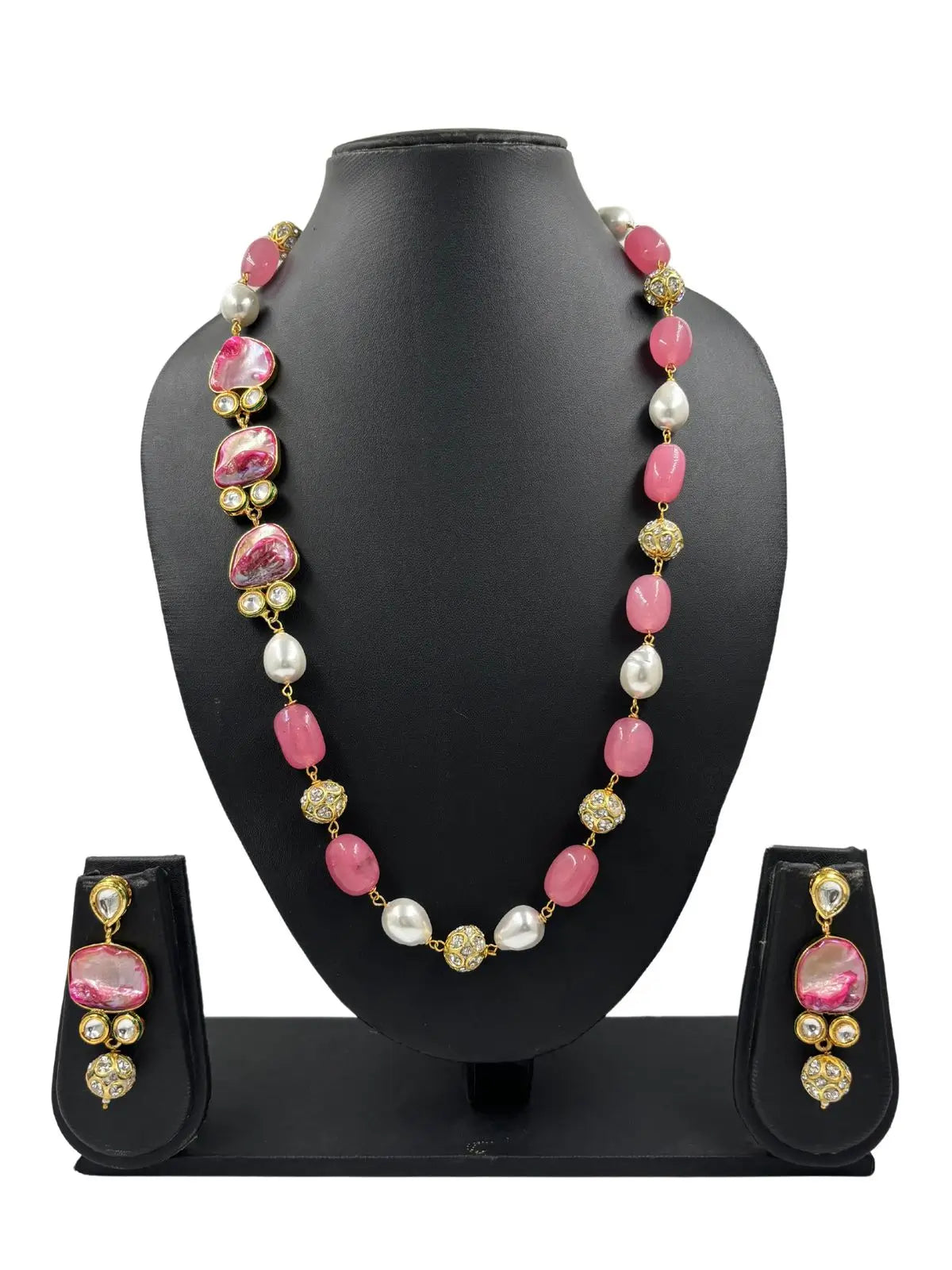 Buy Semi Precious Long Pink Jade Beads Necklace Set Beaded